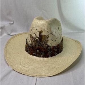 WESTERN HAT Mens Old Formosan Beige Straw Cowboy 6 3/4 Feathers Frayser Memphis